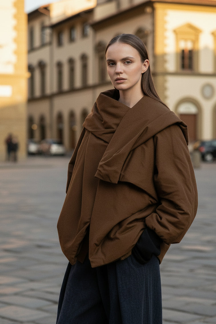 Person wearing a brown oversized Sanctamuerte puffer jacket in Florence